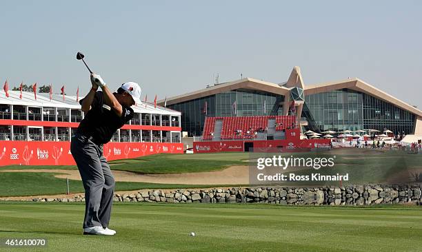 Paul Lawrie of Scotland on the 18th hole during the second round of the Abu Dhabi HSBC Golf Championship at the Abu Dhabi Golf Club on January 16,...