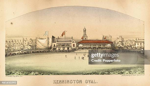 Vintage illustration featuring the Kennington Oval in London, home of Surrey County Cricket Club, circa 1850.