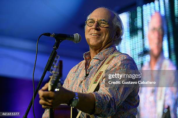 Jimmy Buffett attends Celebrating Miami Marine Stadium An Evening with Jimmy Buffett and Gloria Estefan at Coral Gables Museum on January 9, 2014 in...