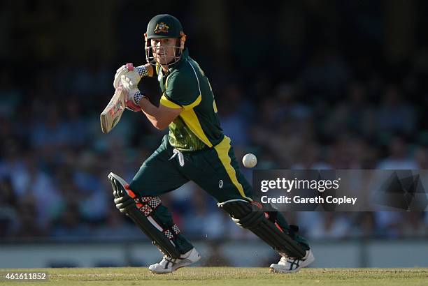 David Warner of Australia bats during the One Day International series match between Australia and England at Sydney Cricket Ground on January 16,...