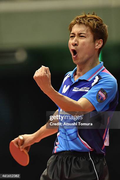 Kaii Yoshida of Japan celebrates after a point in the Men's Singles during day five of All Japan Table Tennis Championships 2015 at Tokyo...
