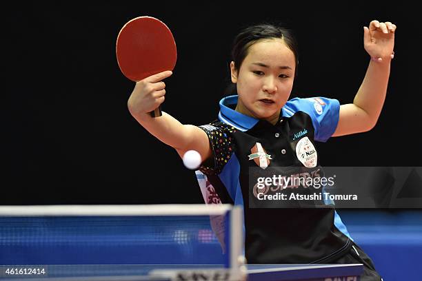 Mima Ito of Japan competes in the Women's Singles during day five of All Japan Table Tennis Championships 2015 at Tokyo Metropolitan Gymnasium on...