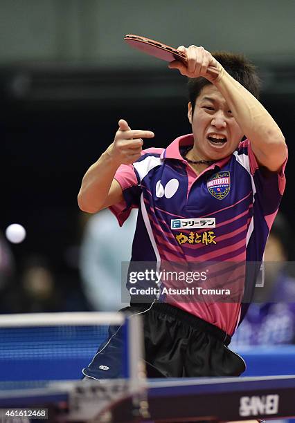 Jun Mizutani of Japan competes in the Men's Singles during day five of All Japan Table Tennis Championships 2015 at Tokyo Metropolitan Gymnasium on...