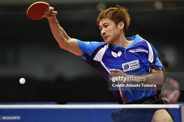 Kaii Yoshida of Japan competes in the Men's Singles during day five of All Japan Table Tennis Championships 2015 at Tokyo Metropolitan Gymnasium on...