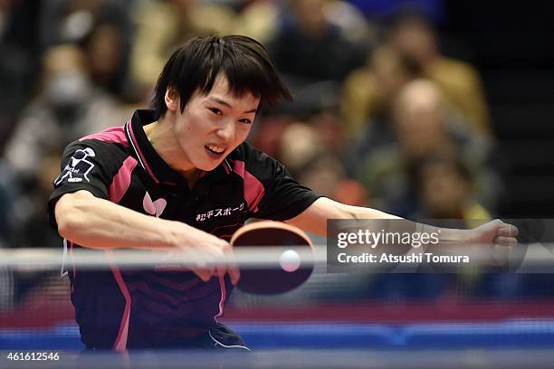Kenta Matsudaira of Japan competes in the Men's Singles during day five of All Japan Table Tennis Championships 2015 at Tokyo Metropolitan Gymnasium...