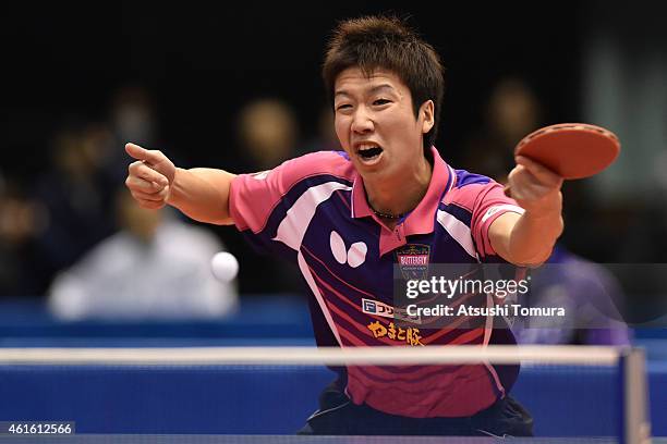 Jun Mizutani of Japan competes in the Men's Singles during day five of All Japan Table Tennis Championships 2015 at Tokyo Metropolitan Gymnasium on...