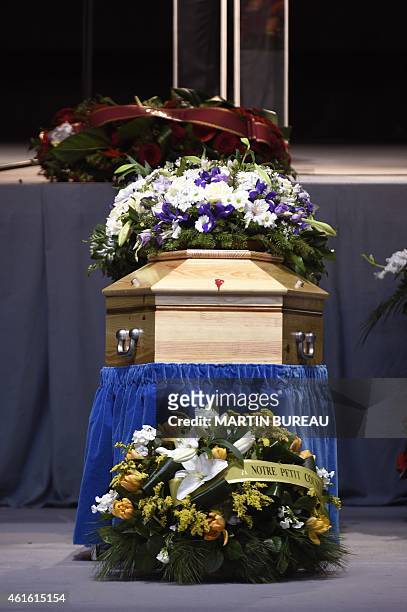 The coffin of French cartoonist and Charlie Hebdo editor Stephane "Charb" Charbonnier is pictured during his funeral ceremony, on January 16, 2015 in...