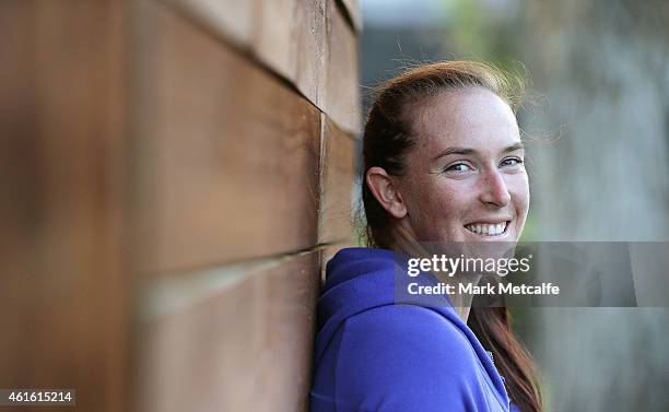 Madison Brengle of the USA poses for a portrait after victory in her semi final match against Kurumi Nara of Japan during day six of the 2015 Hobart...