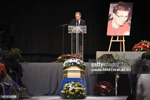 Pontoise's mayor Philippe Houillon gives a speech during the funeral ceremony of French cartoonist and Charlie Hebdo editor Stephane "Charb"...