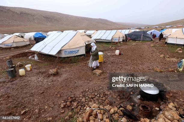 General view shows a make-shift camp for displaced Iraqi people from the Yazidi community, who fled violence between Islamic State group jihadists...