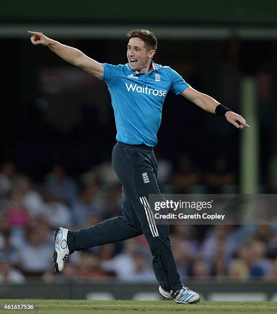 Chris Woakes of England celebrates dismissing Glenn Maxwell of Australia during the One Day International series match between Australia and England...