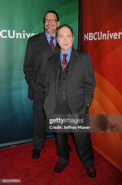 Actor/comedians Penn and Teller attend the NBCUniversal 2015 Press Tour at the Langham Huntington Hotel on January 15, 2015 in Pasadena, California.
