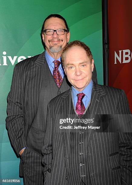 Actor/comedians Penn and Teller attend the NBCUniversal 2015 Press Tour at the Langham Huntington Hotel on January 15, 2015 in Pasadena, California.