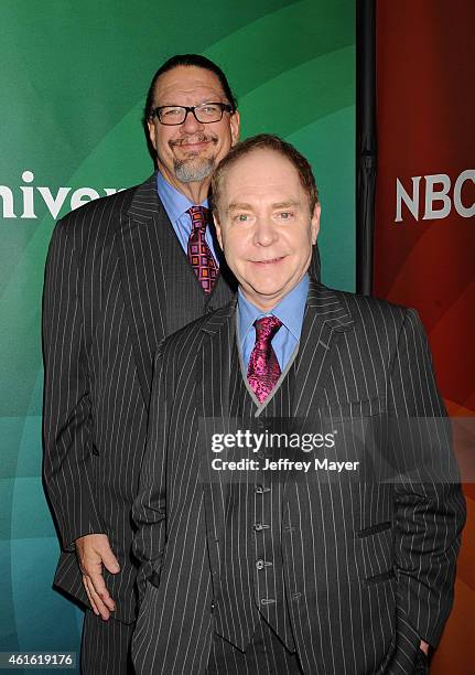 Actor/comedians Penn and Teller attend the NBCUniversal 2015 Press Tour at the Langham Huntington Hotel on January 15, 2015 in Pasadena, California.