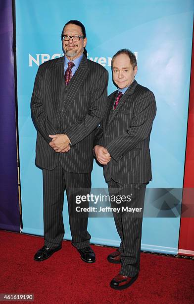 Actor/comedians Penn and Teller attend the NBCUniversal 2015 Press Tour at the Langham Huntington Hotel on January 15, 2015 in Pasadena, California.