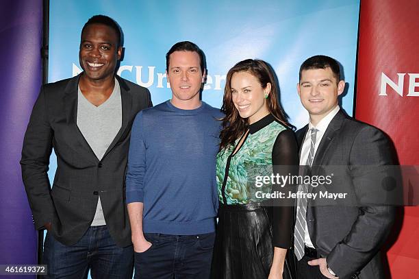 Actors Kevin Daniels, Michael Mosley, Jessica McNamee and Kevin Bigley attend the NBCUniversal 2015 Press Tour at the Langham Huntington Hotel on...