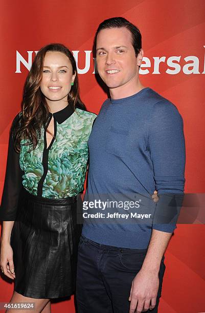 Actors Jessica McNamee and Michael Mosley attend the NBCUniversal 2015 Press Tour at the Langham Huntington Hotel on January 15, 2015 in Pasadena,...