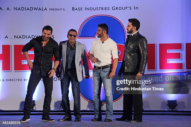 Bollywood actors John Abraham, Paresh Rawal, Suniel Shetty and Abhishek Bachchan during unveiling of the starcast of film Hera Pheri 3 on January 12,...