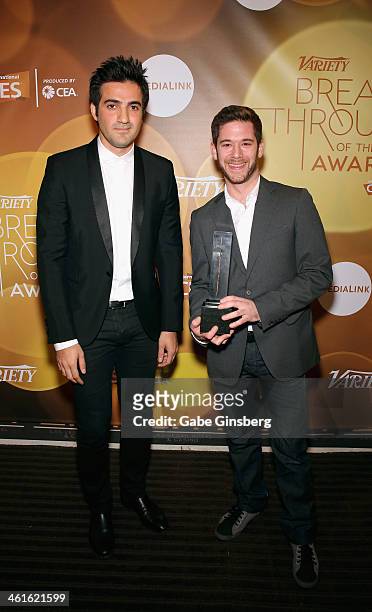 Honorees Rus Yusupov and Colin Kroll pose with the Breakthrough Award for Emerging Technology at the Variety Breakthrough of the Year Awards during...