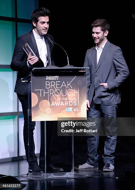 Honorees Rus Yusupov and Colin Kroll accept the Breakthrough Award for Emerging Technology onstage at the Variety Breakthrough of the Year Awards...