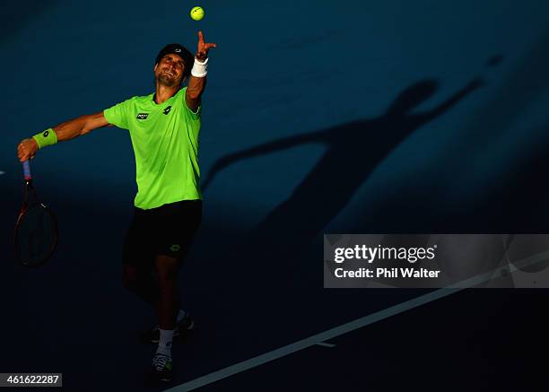 David Ferrer of Spain serves during his semi final match against Yen-Hsun Lu of Chinese Tapei during day five of the Heineken Open at the ASB Tennis...