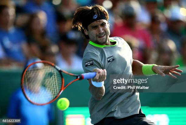 David Ferrer of Spain plays a forehand during his semi final match against Yen-Hsun Lu of Chinese Tapei during day five of the Heineken Open at the...
