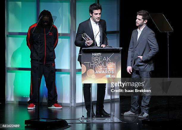Honorees Rus Yusupov and Colin Kroll accept the Breakthrough Award for Emerging Technology from rapper Lil Jon onstage at the Variety Breakthrough of...