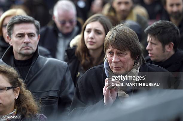 French former CGT union General secretary Bernard Thibault leaves after the funeral ceremony of French cartoonist and Charlie Hebdo editor Stephane...