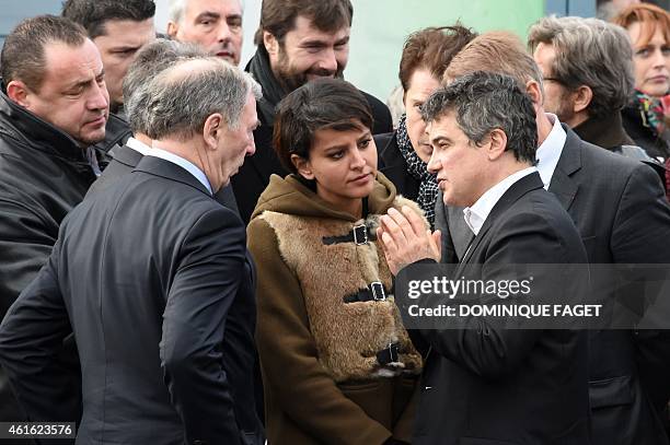 Charlie Hebdo columnist Dr Patrick Pelloux , speaks to Pontoise's mayor Philippe Houillon and French Education Minister Najat Vallaud-Belkacem , at...