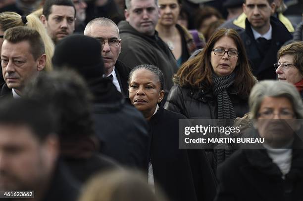 French Justice minister Christiane Taubira leaves after the funeral ceremony of French cartoonist and Charlie Hebdo editor Stephane "Charb"...