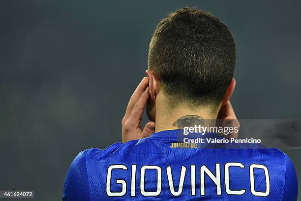 Tattoo on the neck of Sebastian Giovinco of Juventus FC during the TIM Cup match between Juventus FC and Hellas Verona FC at Juventus Arena on...
