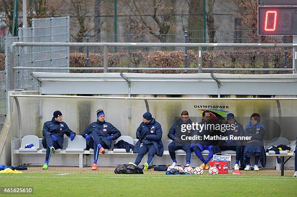 Hertha BSC substitutes' bench during the test match between Hertha BSC and Energie Cottbus on January 16, 2015 in Berlin, Germany.