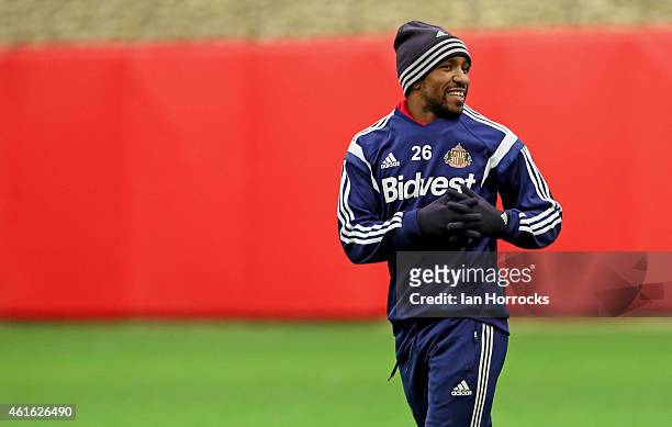 Jermain Defoe takes part in a training session after signing for Sunderland AFC at the Academy of Light on January 15, 2015 in Sunderland, England.