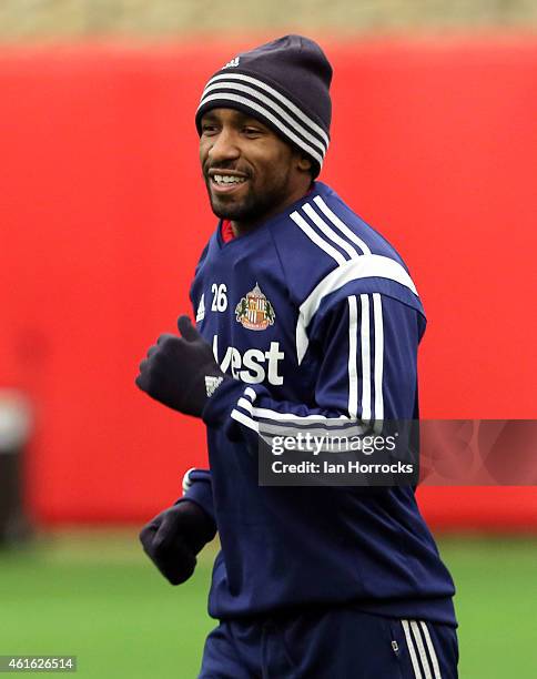 Jermain Defoe takes part in a training session after signing for Sunderland AFC at the Academy of Light on January 15, 2015 in Sunderland, England.