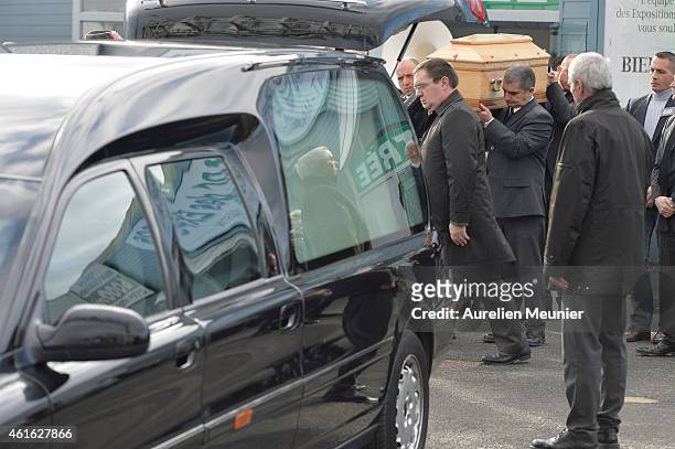 The coffin is carried after the funeral service of Charlie Hebdo editor and cartoonist Stephane Charbonnier aka 'Charb' in his hometown on January...