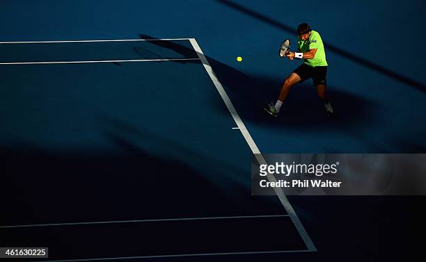 David Ferrer of Spain plays a backhand during his semi final match against Yen-Hsun Lu of Chinese Tapei during day five of the Heineken Open at the...