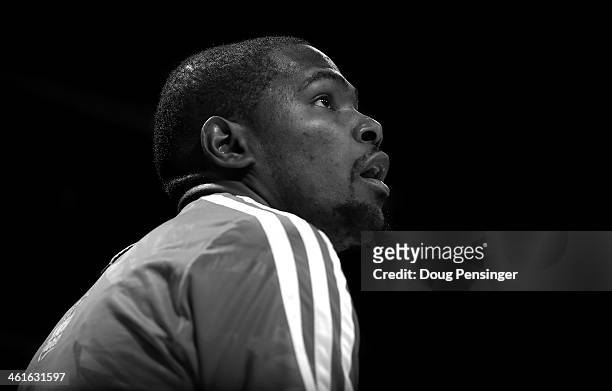 Kevin Durant of the Oklahoma City Thunder warms up prior to facing the Denver Nuggets at Pepsi Center on January 9, 2014 in Denver, Colorado. The...