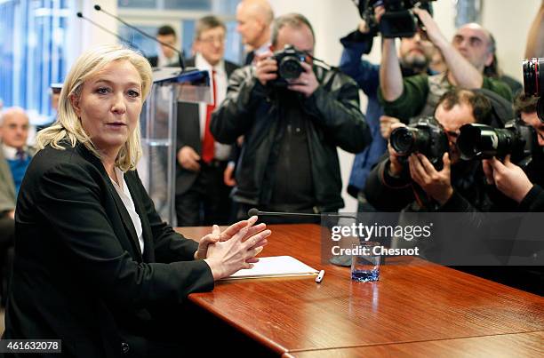 France's Far-right Party Front National President Marine Le Pen delivers a speech during a press conference on January 16, 2015 in Nanterre, France....