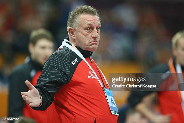 Head coach Michael Biegler of Poland looks dejected during the IHF Men's Handball World Championship group D match between Poland and Germany at...