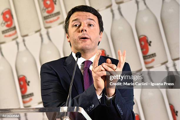 Italian Prime Miinister Matteo Renzi holds his speech at the inauguration of the Coop Granarolo executive building on January 10, 2015 in Bologna,...