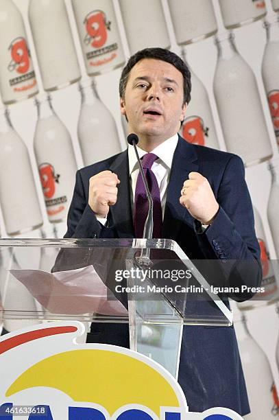 Italian Prime Miinister Matteo Renzi holds his speech at the inauguration of the Coop Granarolo executive building on January 10, 2015 in Bologna,...