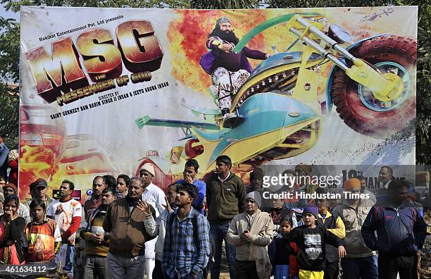 Followers of Dera Saccha Sauda chief Gurmeet Ram Rahim Singh gathered for the premiere of the movie MSG - The Messenger of God at Leisure Valley...