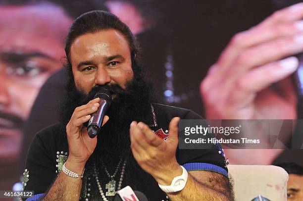 Dera Saccha Sauda chief Gurmeet Ram Rahim Singh talks to the media about his movie MSG - The Messenger of God at Leisure Valley Ground on January 16,...