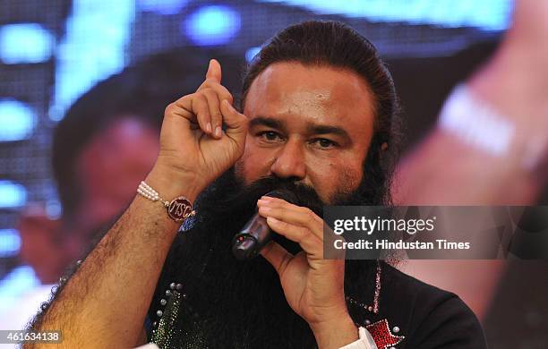 Dera Saccha Sauda chief Gurmeet Ram Rahim Singh talks to media about his movie MSG - The Messenger of God at Leisure Valley Ground on January 16,...