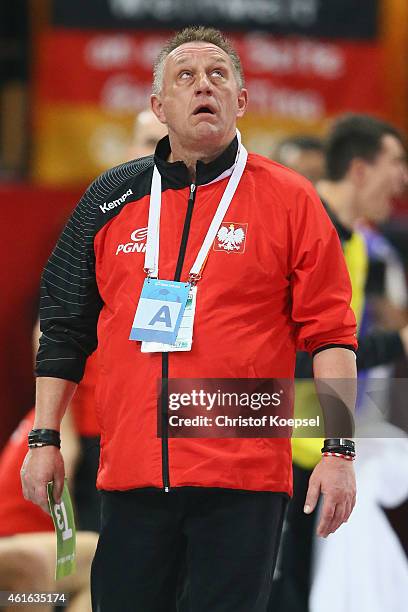 Head coach Michael Biegler of Poland looks dejected during the IHF Men's Handball World Championship group D match between Poland and Germany at...