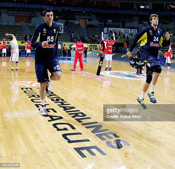Emir Preldzic, #55 of Fenerbahce Ulker Istanbul and Jan Vesely, #24 of Fenerbahce Ulker Istanbul warm-up prior to the Euroleague Basketball Top 16...