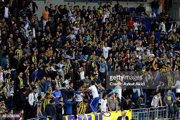 Supporters of Fenerbahce Ulker Istanbul cheer during the Euroleague Basketball Top 16 Date 3 game between - Turkish Airlines Euroleague Top 16 at...