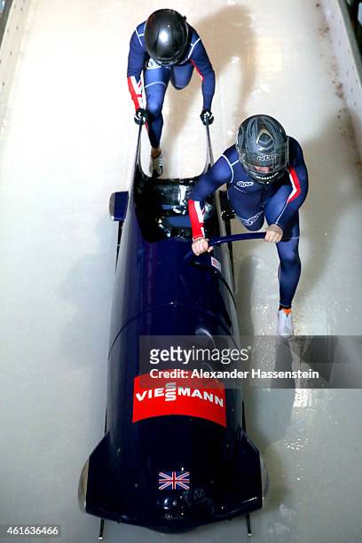 Pilot Mica McNeill and Aleasha Kiddle of Great Britain compete duringe the Viessmann FIBT World Cup at Deutche Post Eisarena on January 16, 2015 in...