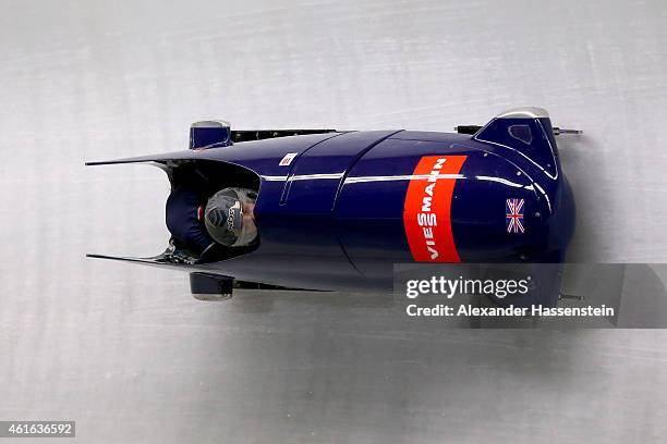 Pilot Mica McNeill and Aleasha Kiddle of Great Britain compete duringe the Viessmann FIBT World Cup at Deutche Post Eisarena on January 16, 2015 in...