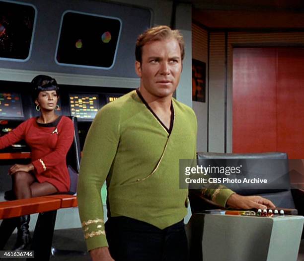 Star Trek the Original Series Season 2 Episode 15 " The Trouble With Tribbles " Pictured: William Shatner as Captain James T. Kirk and Nichelle...